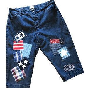 Patchwork Capris Shorts: Upcycled 4th Of July Patriotic Jeans, Women's Size 16